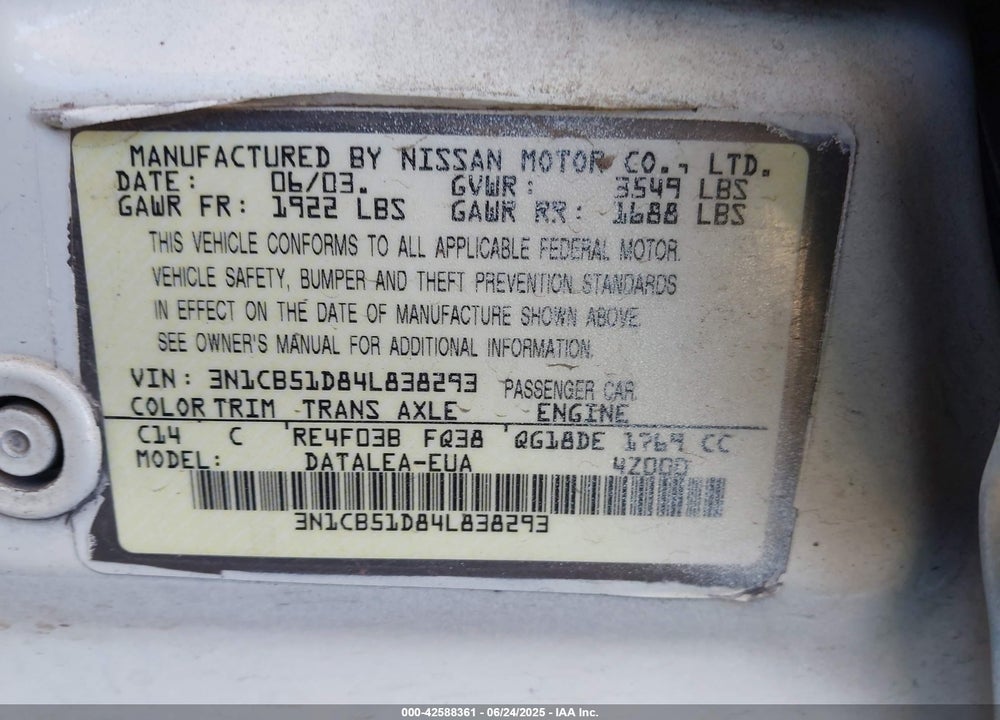 2004 NISSAN SENTRA 1.8S VIN: 3N1CB51D84L838293