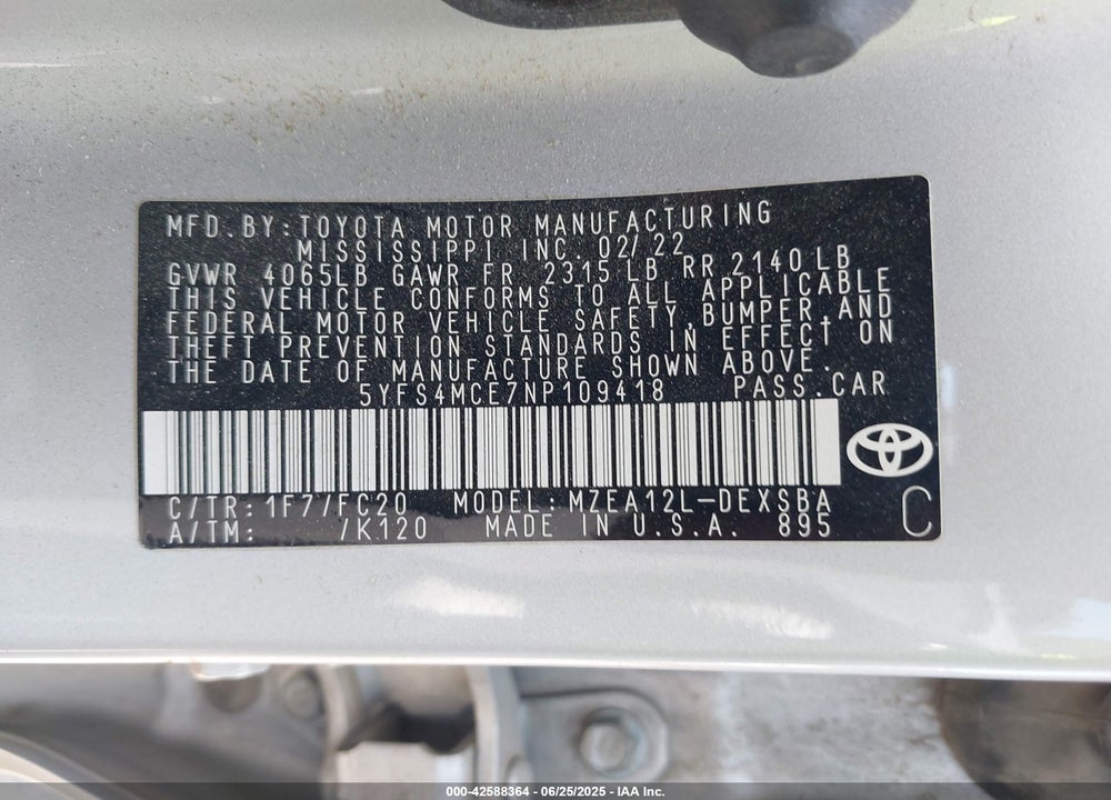 2022 TOYOTA COROLLA VIN: 5YFS4MCE7NP109418