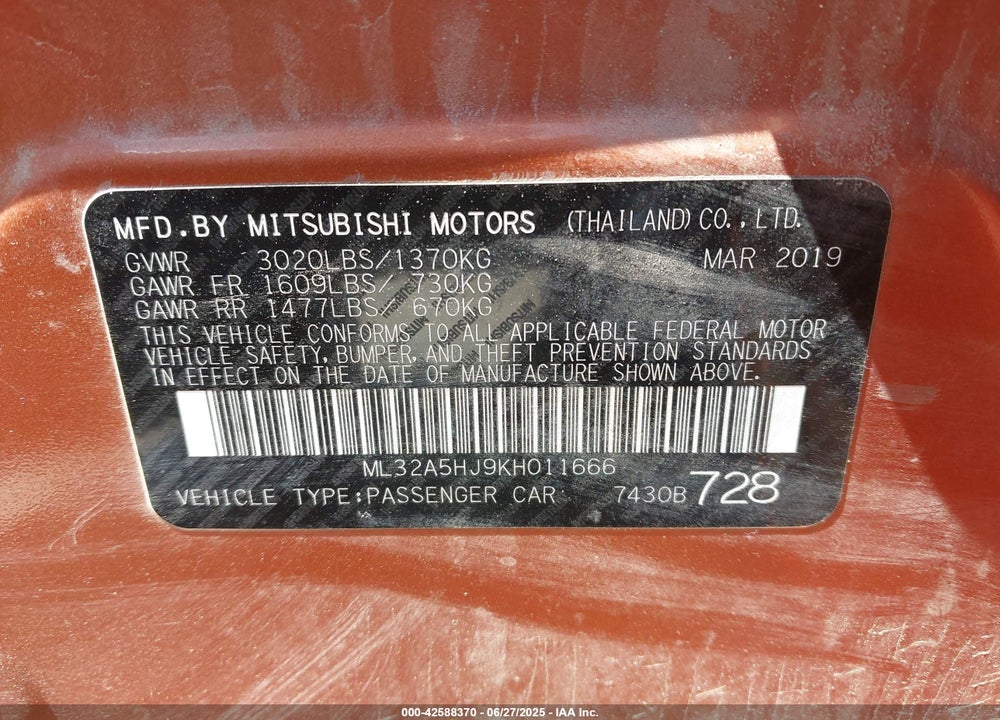 2019 MITSUBISHI MIRAGE VIN: ML32A5HJ9KH011666
