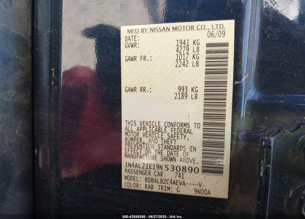 2009 NISSAN ALTIMA VIN: 1N4AL21E19N530890