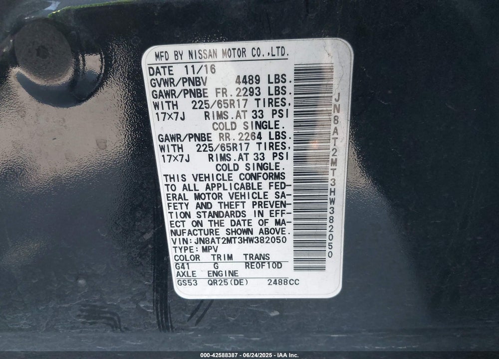 2017 NISSAN ROGUE VIN: JN8AT2MT3HW382050