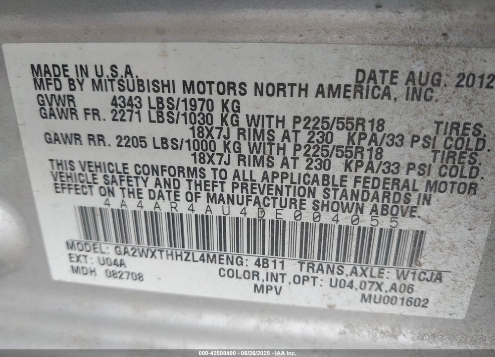 2013 MITSUBISHI OUTLANDER SPORT VIN: 4A4AR4AU4DE004055