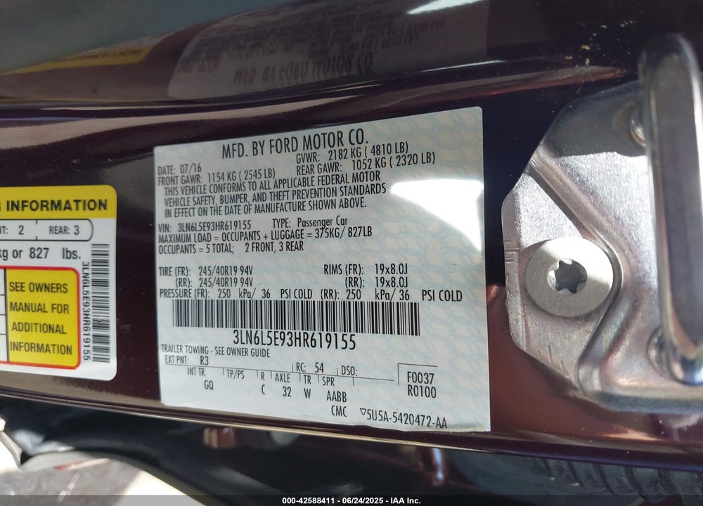2017 LINCOLN MKZ RESERVE VIN: 3LN6L5E93HR619155