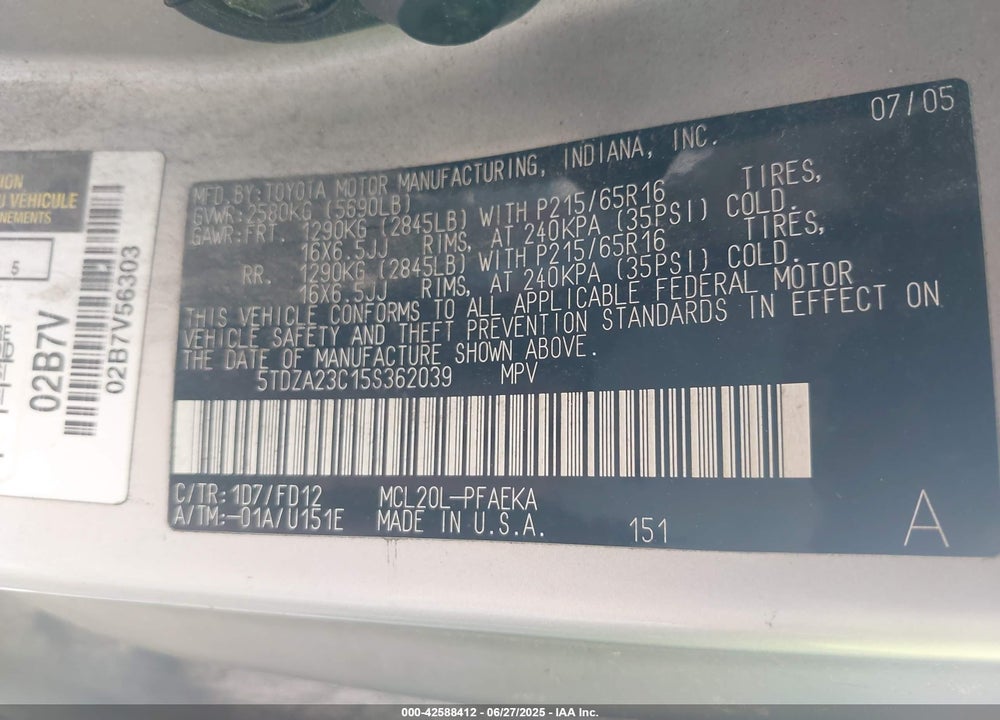 2005 TOYOTA SIENNA CE VIN: 5TDZA23C15S362039