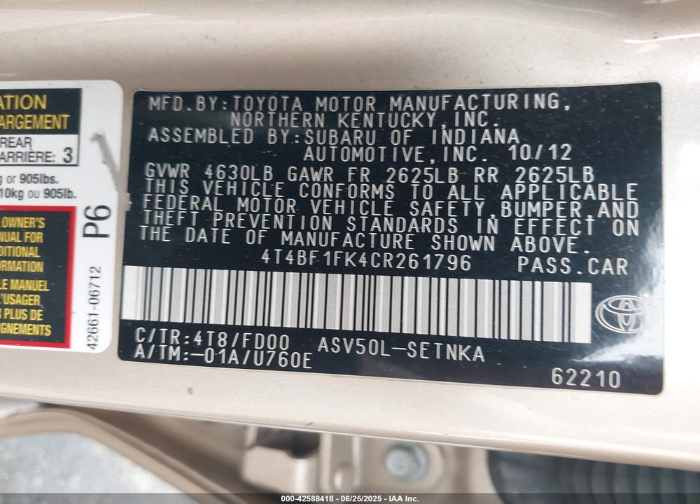 2012 TOYOTA CAMRY VIN: 4T4BF1FK4CR261796