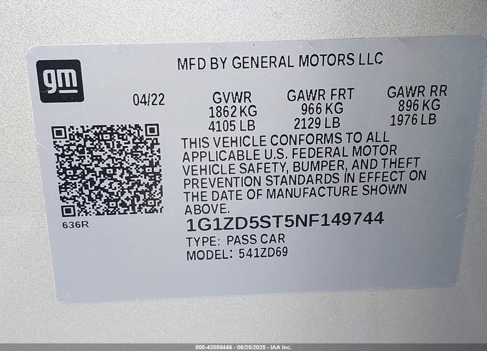 2022 CHEVROLET MALIBU FWD LT VIN: 1G1ZD5ST5NF149744