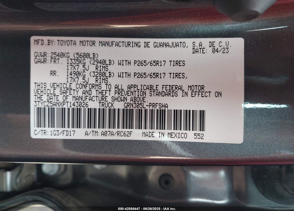 2023 TOYOTA TACOMA SR5 V6 VIN: 3TYCZ5ANXPT143026