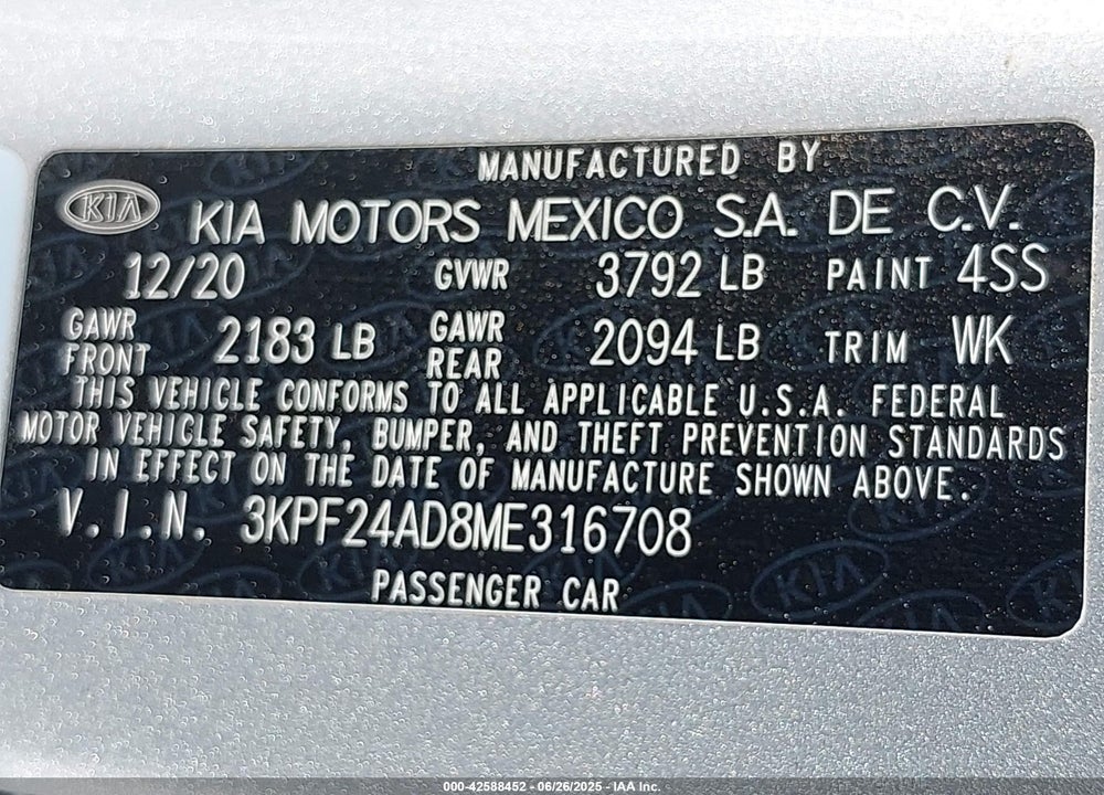 2021 KIA FORTE VIN: 3KPF24AD8ME316708