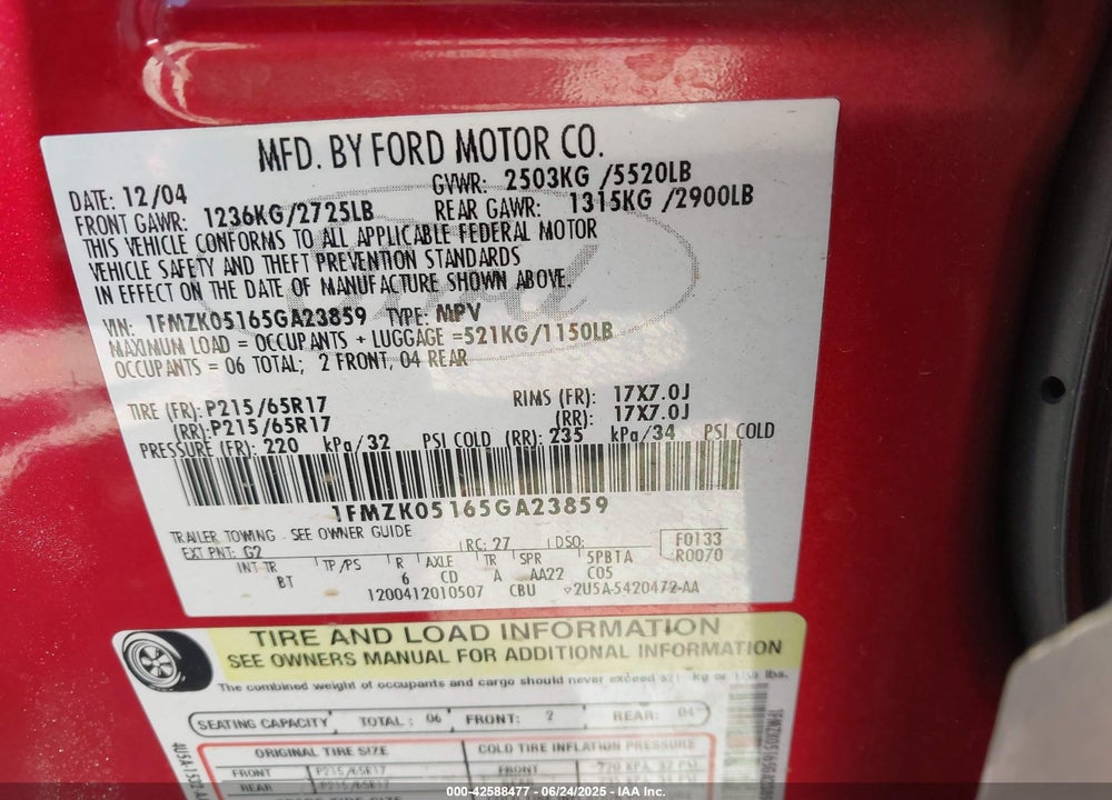 2005 FORD FREESTYLE SEL VIN: 1FMZK05165GA23859