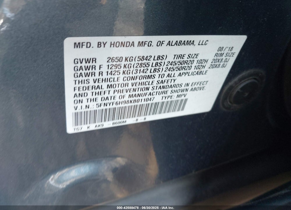 2019 HONDA PILOT VIN: 5FNYF6H98KB011047
