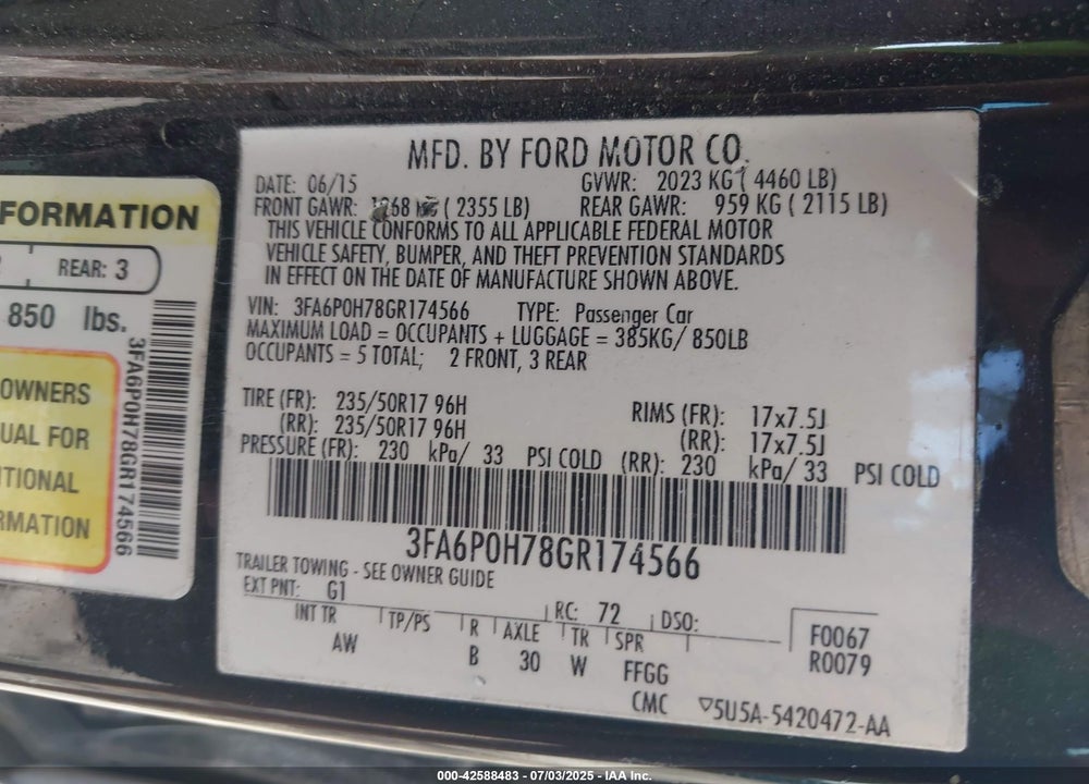 2016 FORD FUSION VIN: 3FA6P0H78GR174566