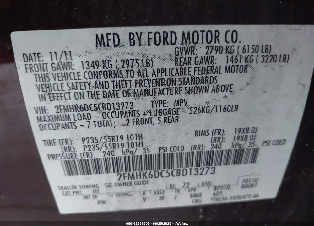 2012 FORD FLEX LIMITED VIN: 2FMHK6DC5CBD13273