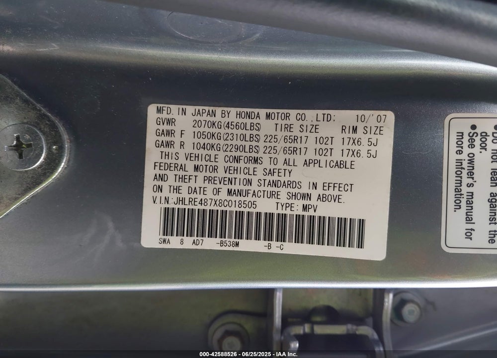2008 HONDA CR-V VIN: JHLRE487X8C018505