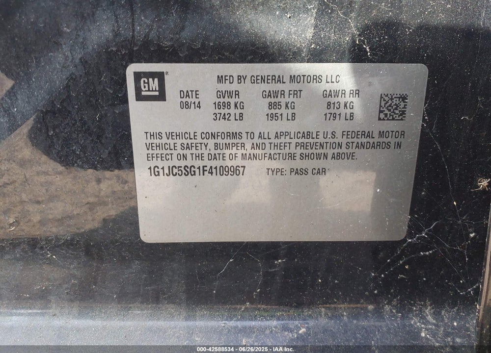 2015 CHEVROLET SONIC VIN: 1G1JC5SG1F4109967