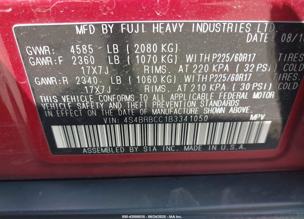 2011 SUBARU OUTBACK VIN: 4S4BRBCC1B3341050