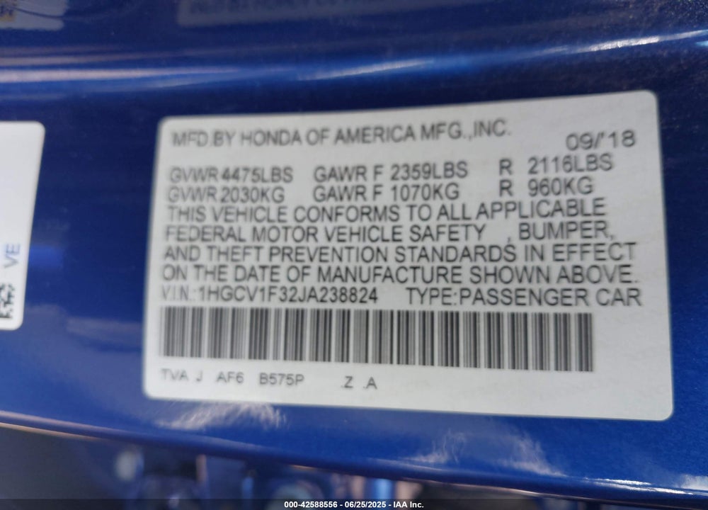 2018 HONDA ACCORD VIN: 1HGCV1F32JA238824