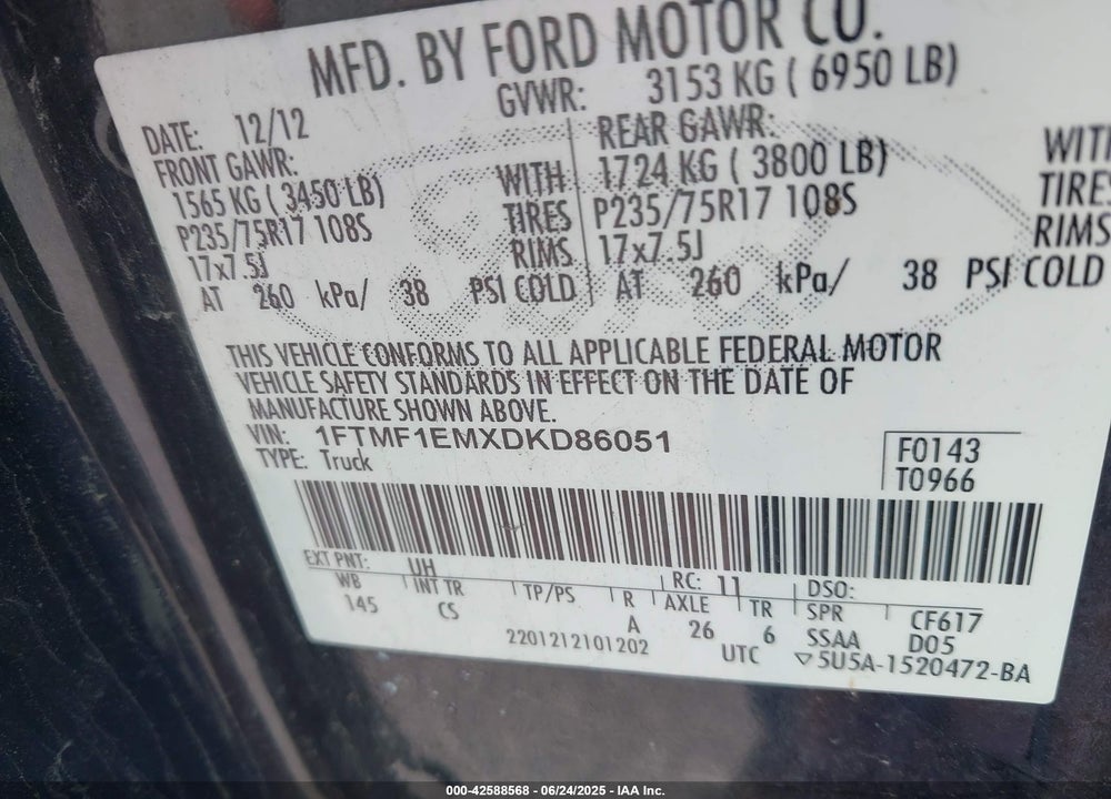 2013 FORD F-150 VIN: 1FTMF1EMXDKD86051