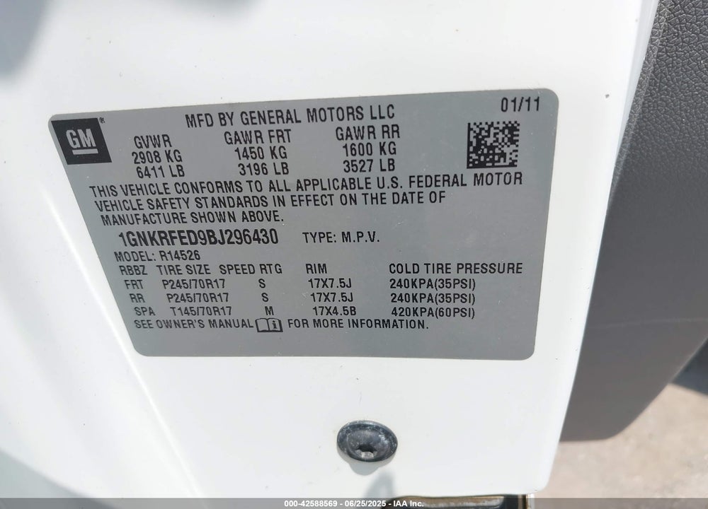 2011 CHEVROLET TRAVERSE VIN: 1GNKRFED9BJ296430