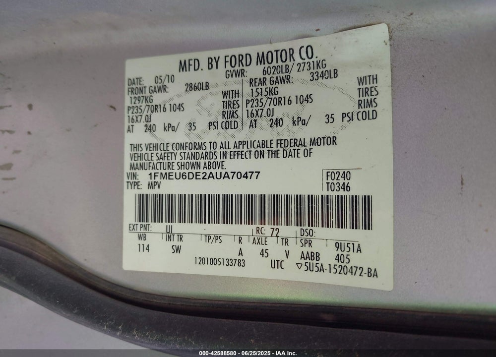 2010 FORD EXPLORER XLT VIN: 1FMEU6DE2AUA70477