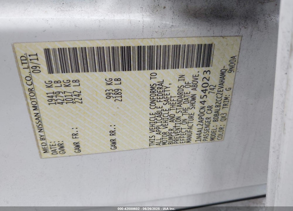 2012 NISSAN ALTIMA VIN: 1N4AL2AP0CN454023