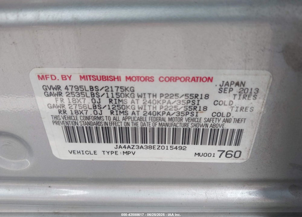 2014 MITSUBISHI OUTLANDER SE VIN: JA4AZ3A38EZ015492