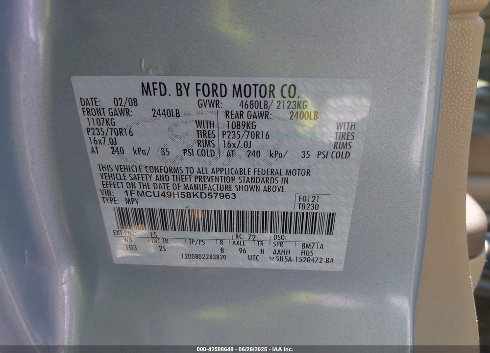 2008 FORD ESCAPE HYBRID VIN: 1FMCU49H58KD57963