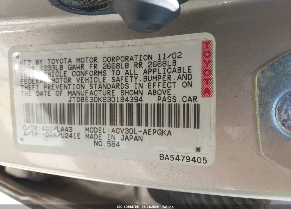 2003 TOYOTA CAMRY XLE VIN: JTDBE30K830184394