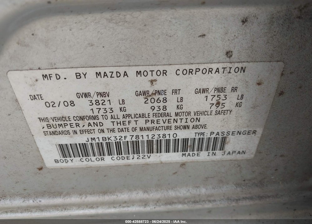 2008 MAZDA MAZDA3 VIN: JM1BK32F781123810
