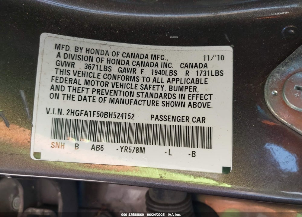 2011 HONDA CIVIC VIN: 2HGFA1F50BH524152