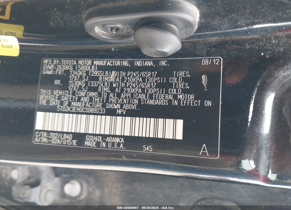 2012 TOYOTA HIGHLANDER VIN: 5TDZK3EH0CS089233