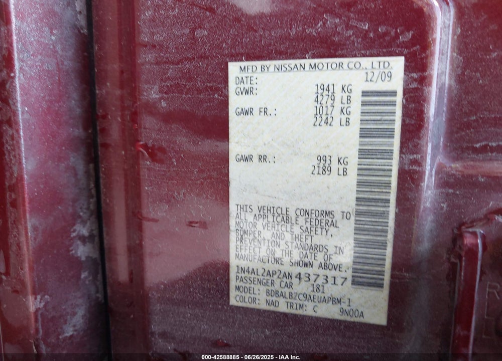 2010 NISSAN ALTIMA 2.5 S VIN: 1N4AL2AP2AN437317