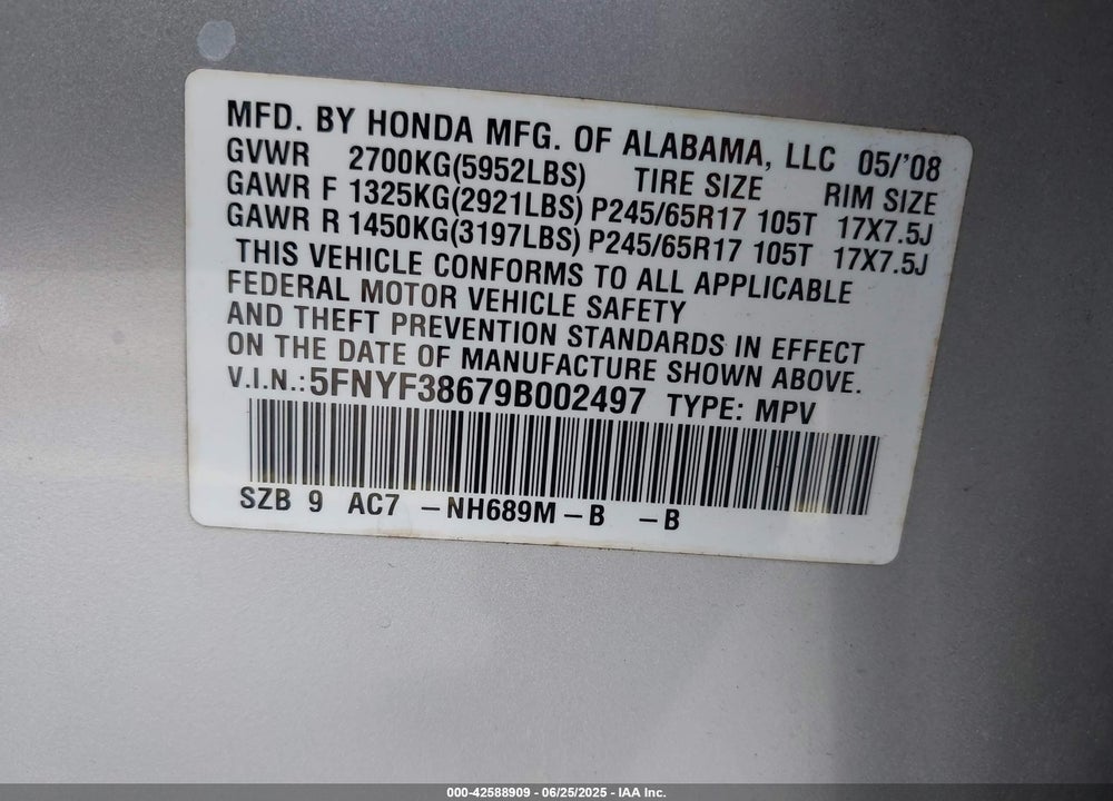 2009 HONDA PILOT EX-L VIN: 5FNYF38679B002497