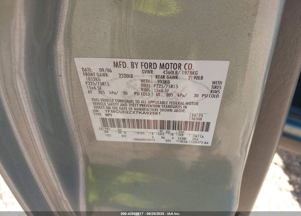 2007 FORD ESCAPE VIN: 1FMCU02ZX7KA92581