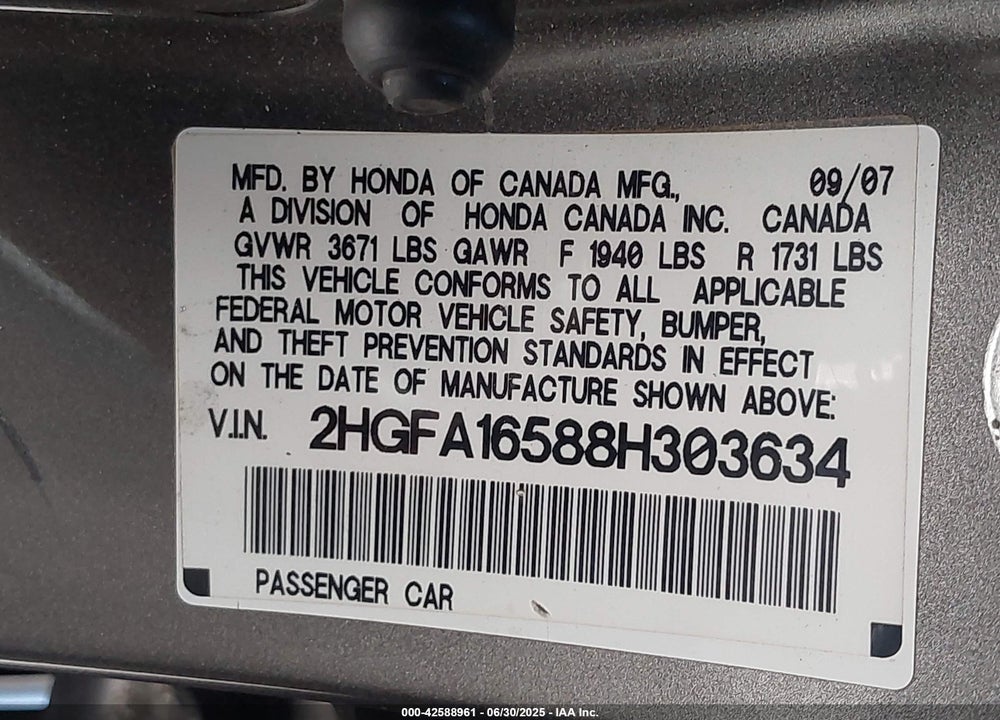 2008 HONDA CIVIC VIN: 2HGFA16588H303634