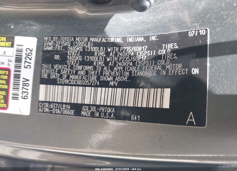 2011 TOYOTA SIENNA VIN: 5TDYK3DC8BS057274