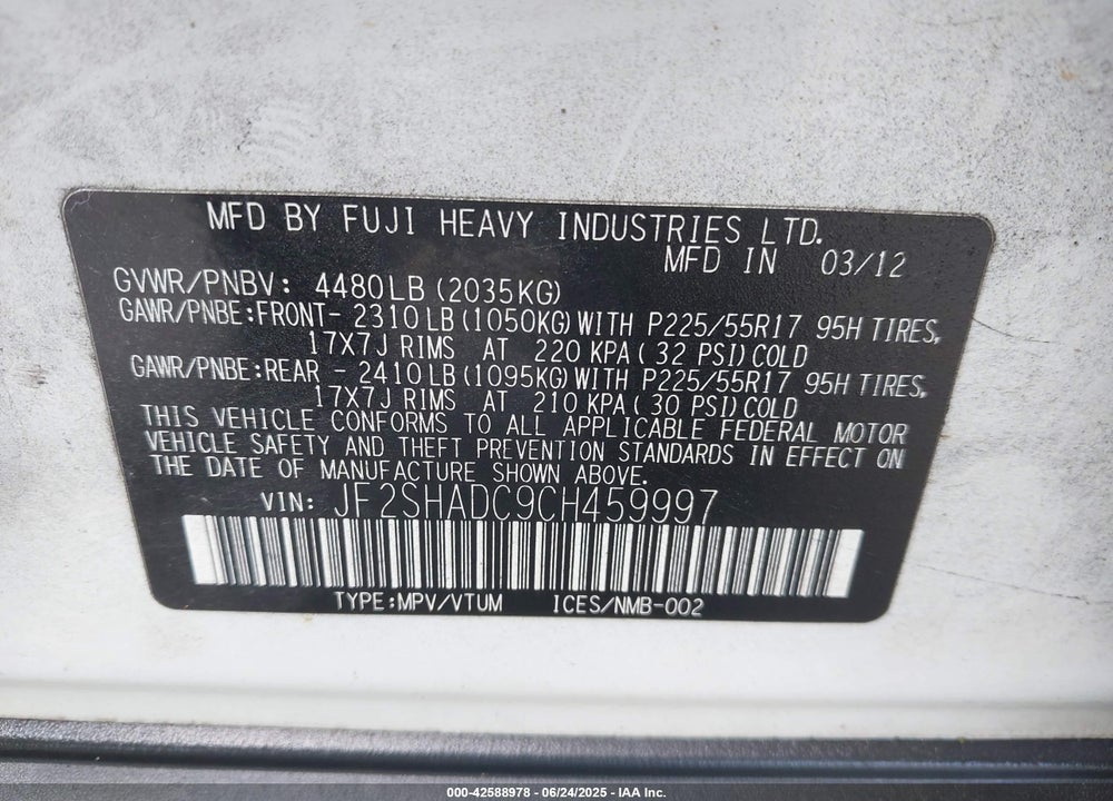2012 SUBARU FORESTER VIN: JF2SHADC9CH459997