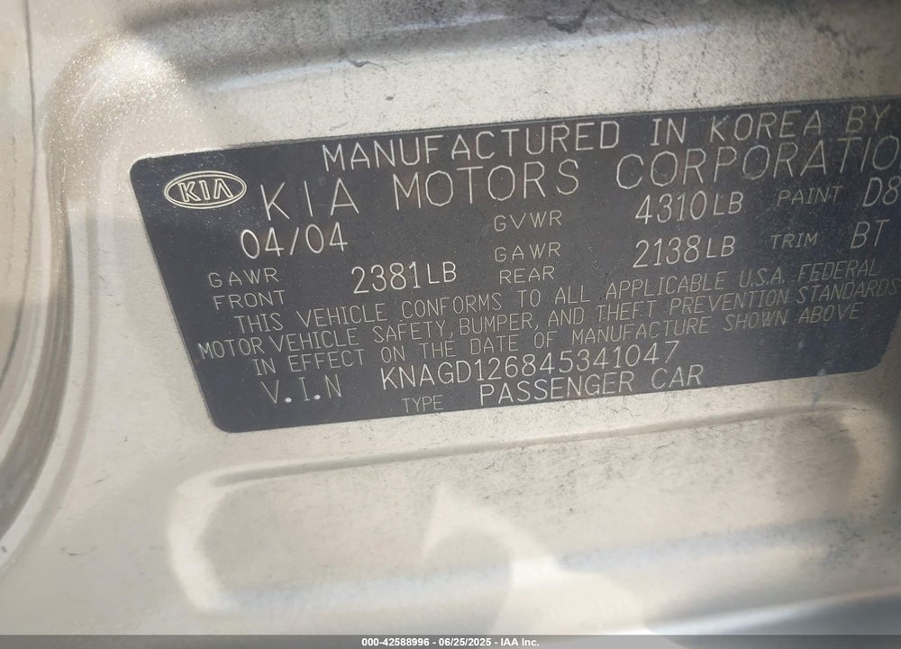 2004 KIA OPTIMA EX/LX VIN: KNAGD126845341047