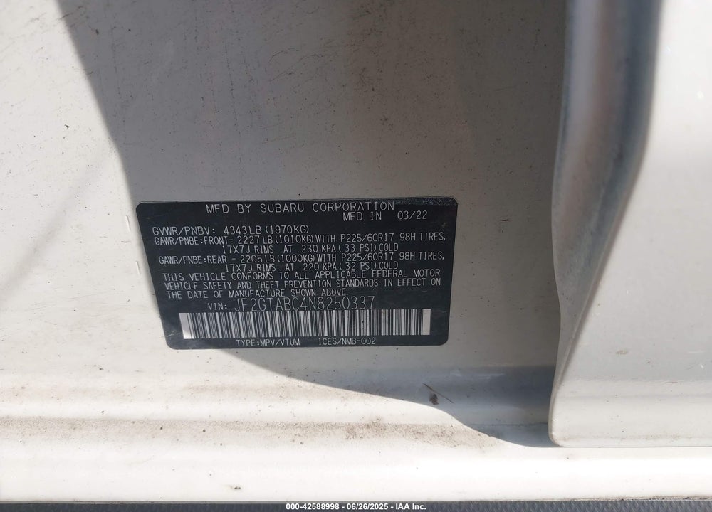 2022 SUBARU CROSSTREK VIN: JF2GTABC4N8250337