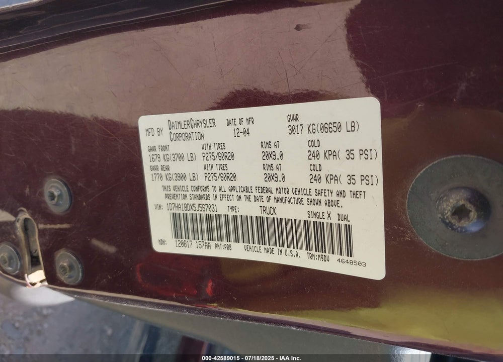 2005 DODGE RAM 1500 SLT/LARAMIE VIN: 1D7HA18DX5J567031