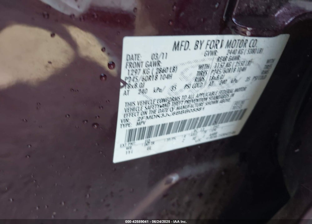 2011 FORD EDGE VIN: 2FMDK3JC6BBB05581