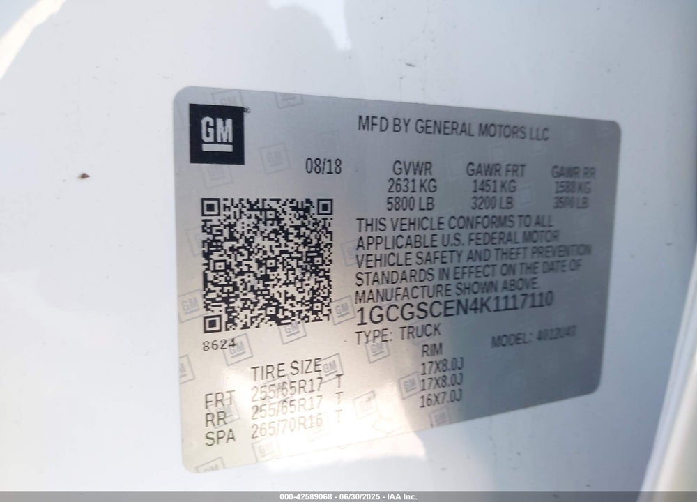 2019 CHEVROLET COLORADO LT VIN: 1GCGSCEN4K1117110