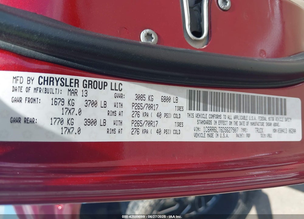 2013 RAM 1500 VIN: 1C6RR6LT6DS627907