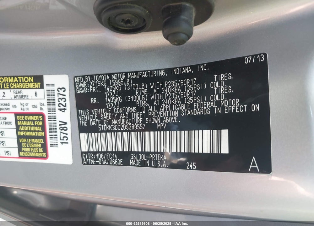 2013 TOYOTA SIENNA LE V6 8 PASSENGER VIN: 5TDKK3DC2DS389557
