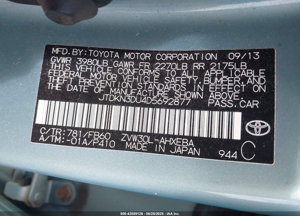 2013 TOYOTA PRIUS TWO VIN: JTDKN3DU4D5692877