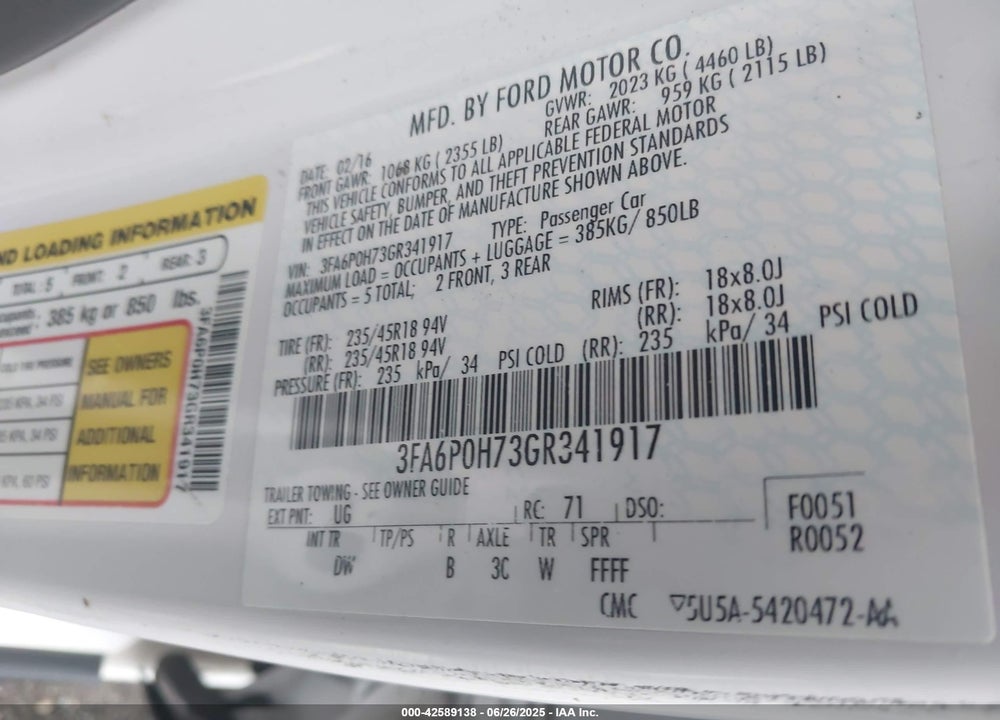 2016 FORD FUSION VIN: 3FA6P0H73GR341917