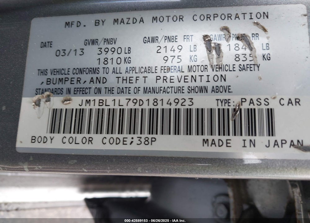 2013 MAZDA 3 VIN: JM1BL1L79D1814923
