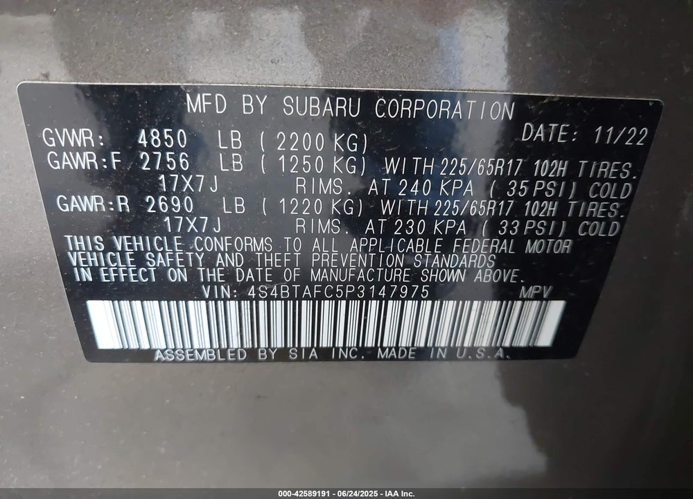 2023 SUBARU OUTBACK VIN: 4S4BTAFC5P3147975