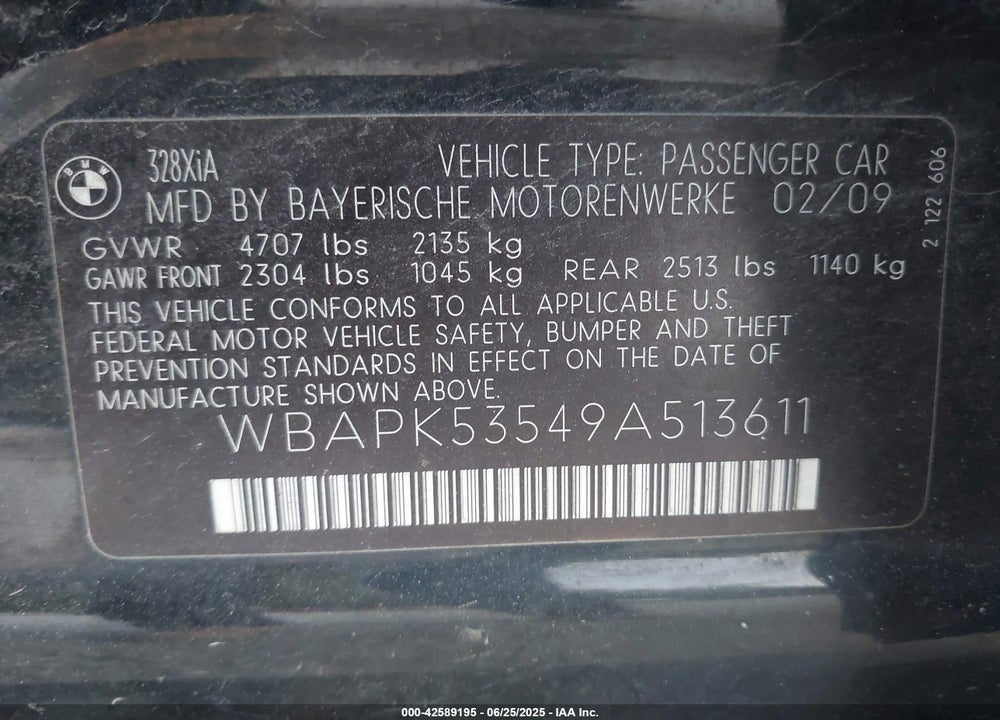 2009 BMW 3 SERIES VIN: WBAPK53549A513611