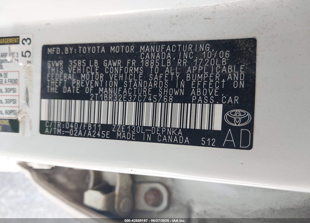 2007 TOYOTA COROLLA LE VIN: 2T1BR32E37C745768