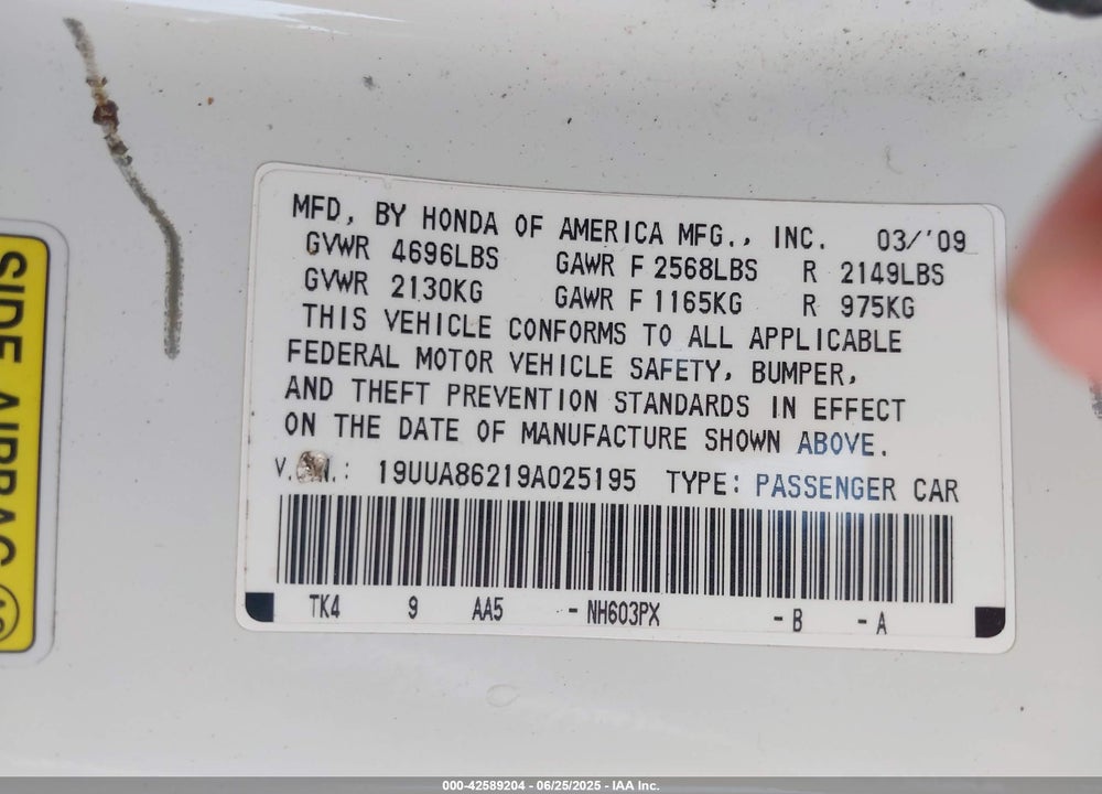2009 ACURA TL VIN: 19UUA86219A025195